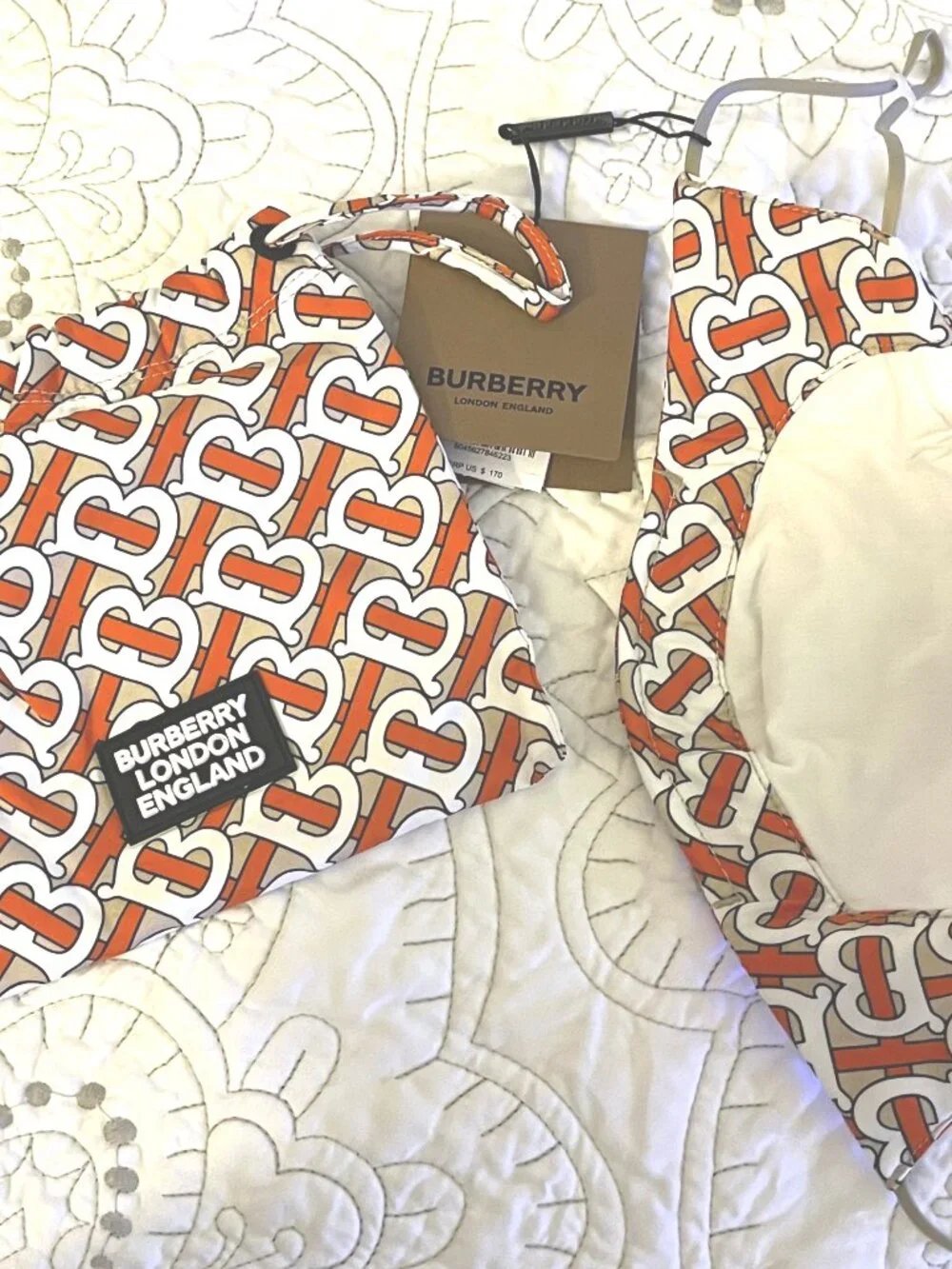 Burberry Red & Tan Monogram Nylon Face Mask With Matching Drawstring Pouch. NWT